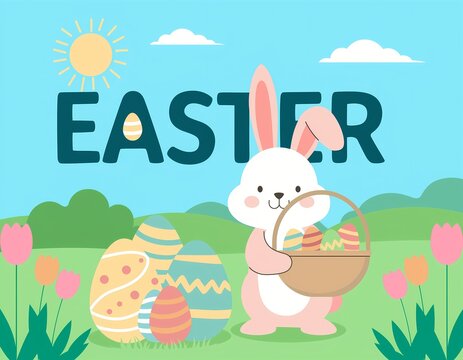 A vector illustration depicts an easter scene with a bunny eggs and the word easter rabbit hare painted eggs decorated eggs springtime holiday celebration vector art digital artwork