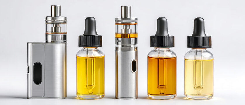 Several vape devices and bottles of e-liquid are lined up on a table, showcasing different colors and sizes in a clean, bright area