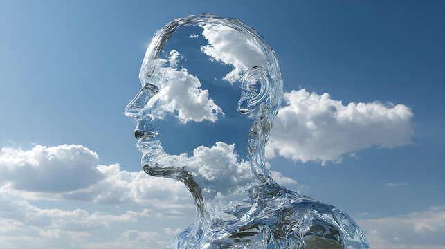 Mindfulness and mental health symbolized by a transparent human figure filled with clouds, representing inner peace, clarity, emotional balance, reflection, awareness, and wellbeing