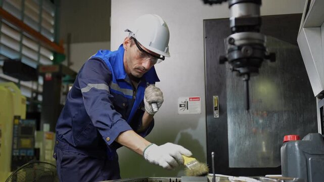 Industrial worker cleaning CNC machine part in manufacturing factory, Technician maintaining industrial equipment with brush in factory workshop, Professional operator cleaning machinery component