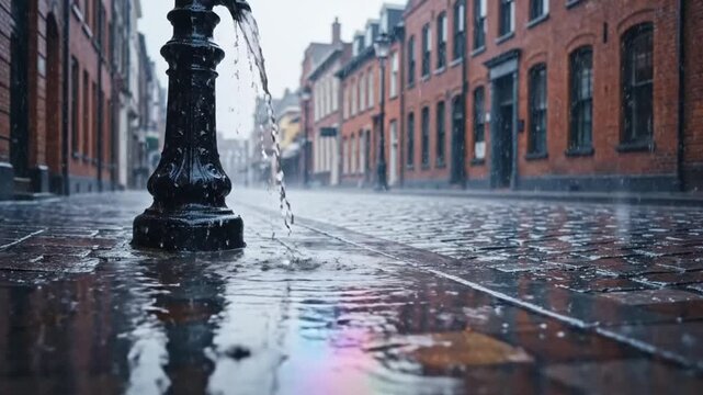Rainy day in old European city street water flowing from old fountain reflections on wet cobblestones