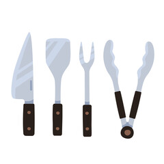 Fototapeta premium Flat vector illustration of barbecue grilling tools including knife, spatula, fork and tongs isolated on white background. Perfect for BBQ, outdoor cooking, picnic, camping and kitchen designs.