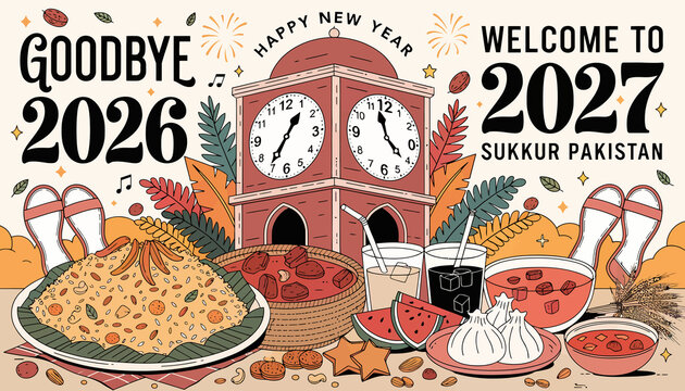 Happy New Year 2027 Sukkur Pakistan Goodbye 2026 Festive Food Celebration Festive Clock Tower
