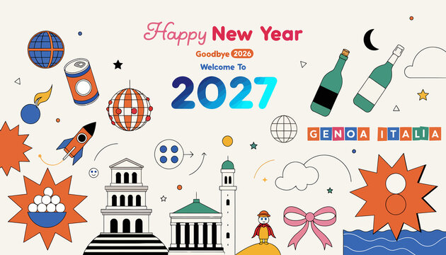 Happy New Year 2027 Greeting Card with Global Icons and Genoa Landmarks