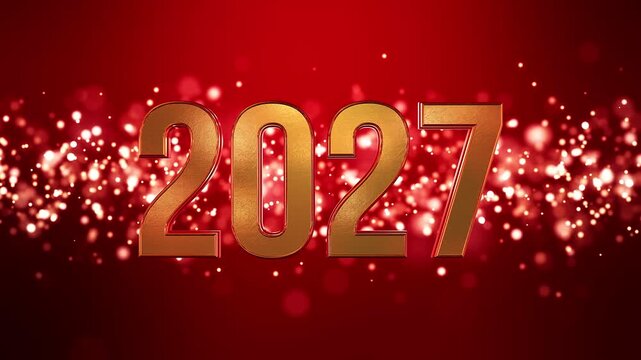 Video animation of golden light shine particles bokeh over red background and the numbers 2027 in gold - represents the new year - vacation concept.