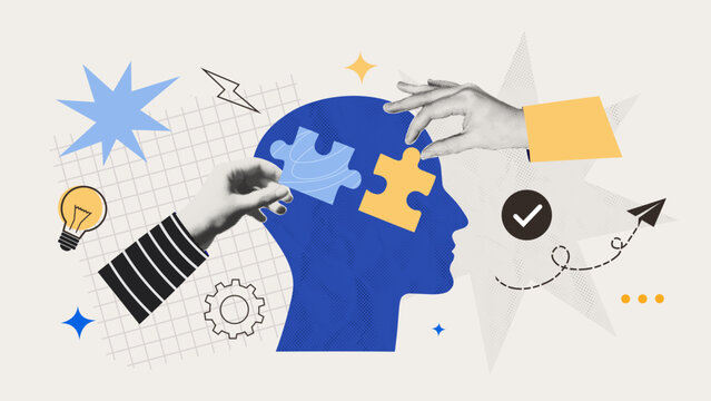 Hands Arranging Puzzle Pieces in Human Head Representing Cognitive Development Mental Health Training Mindfulness and Solving Psychological Problems Retro Halftone Collage Vector Illustration