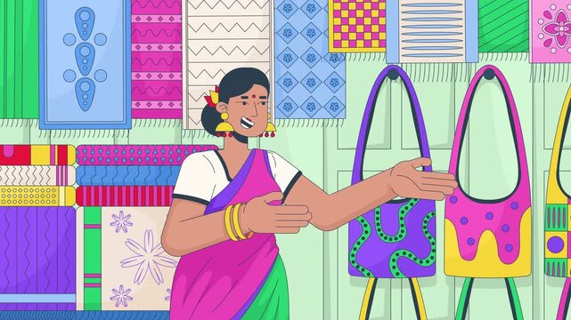 Indian bazaar with traditional totes and textile 2D cartoon animation. Cheerful South Asian female shopkeeper presenting handcrafted shoulder bags animated flat character 4K video hero section