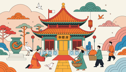 Fototapeta premium Traditional Chinese Pavilion Scene with People and Crane Illustration