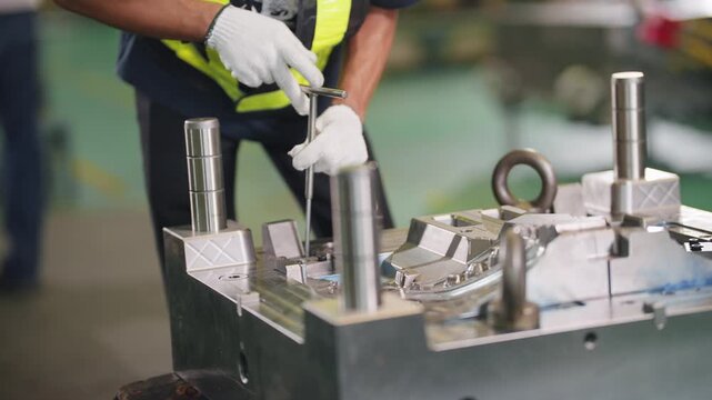 Worker inspects metal mold with care. Hands steady, focused, precise. Factory floor shows industrial setting. Mold components gleam under lighting