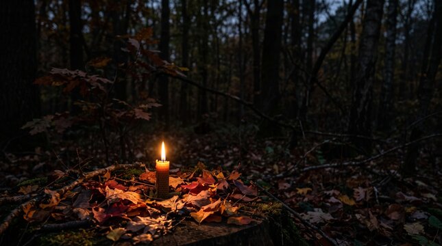 burning beeswax candle placed on fallen oak leaves atop a tree stump in dark forest