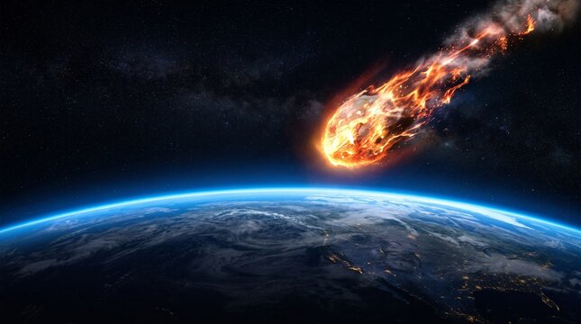 Dramatic cosmic asteroid collision exploding above Earth with fiery trail and glowing planet surface