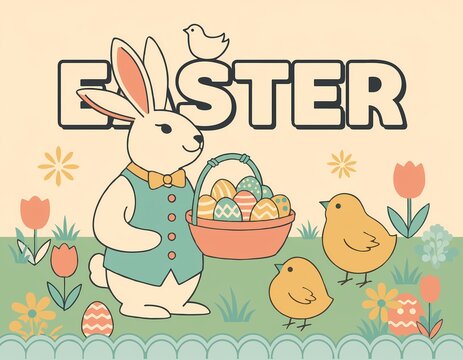 A pastel toned vector illustration depicts an easter bunny with chicks and decorated eggs rabbit chickens basket floral tulips daisies spring holiday celebration retro