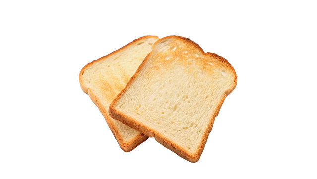 Two slices of fresh white sandwich toast bread lying on surface isolated on transparent background