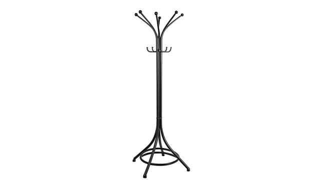 Classic black metal coat rack floor stand for jackets and hats isolated on transparent background