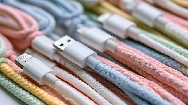 A collection of pastel colored braided charging cables neatly arranged  showcasing various connector types under soft lighting