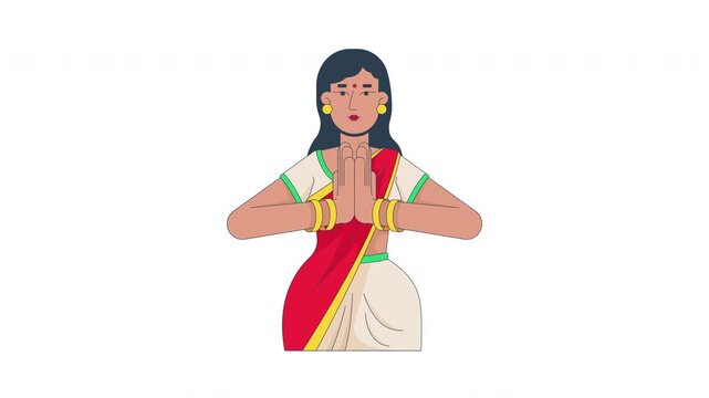 Indian woman greeting with namaste gesture cartoon animation. South Asian female in saree with bindi and respectful hands animated flat 2D character 4K video isolated on transparent white background