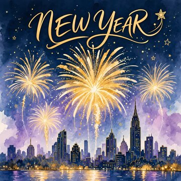 Watercolor vector illustration depicts fireworks exploding over a city skyline at new year celebration cityscape newyear vectorart watercolorpainting urbanlandscape nightsky festive holiday sparkling 