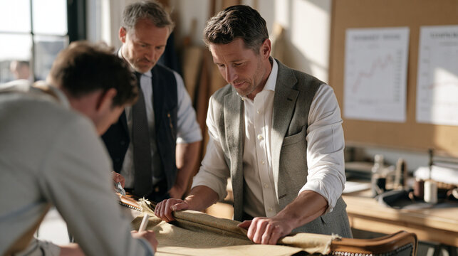 An upholsterer pulls taut a bolt of heritage tweed across a wingback chair frame in a warmly lit workshop, a mentor watching over one shoulder and marking tension points with