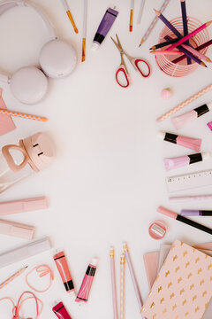 Top View Pastel Art Supplies Frame On White Background