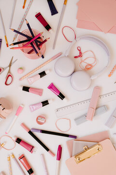 Flat Lay Pastel School Supplies With Headphones