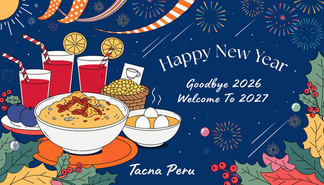 Happy New Year Tacna Peru: Goodbye 2026 Welcome 2027 with Festive Food and Fireworks Illustration