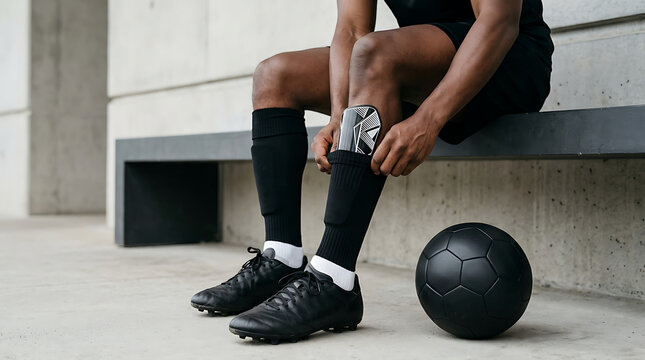Male athlete adjusting socks and protective shin guards for soccer practice on a bench