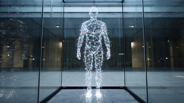 Futuristic humanoid artificial intelligence made of glowing digital connections inside a glass chamber, symbolizing cybersecurity, machine learning, robotics, data technology and innovation