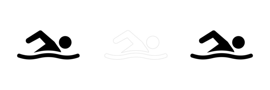 Set of three swimming icons featuring a swimmer in water isolated on a white background