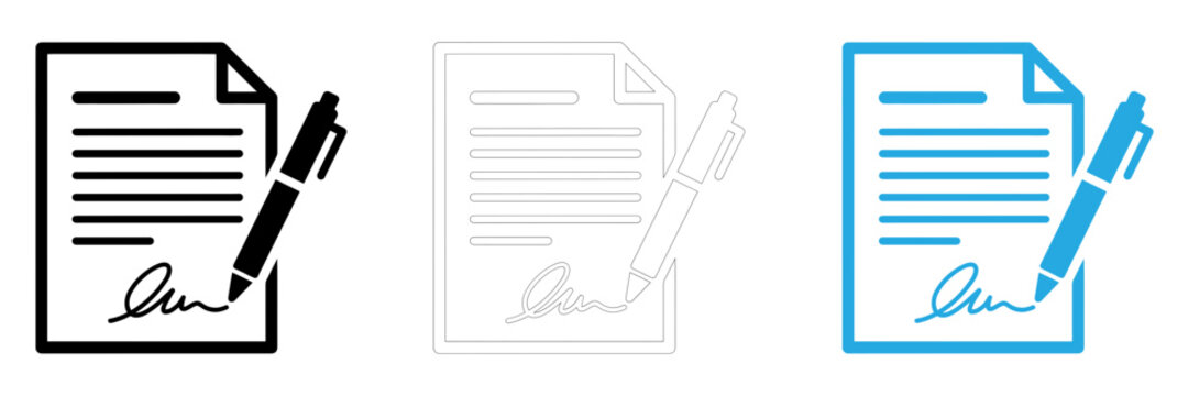 Set of document and pen icons representing contract signing and business agreement concepts in three different styles