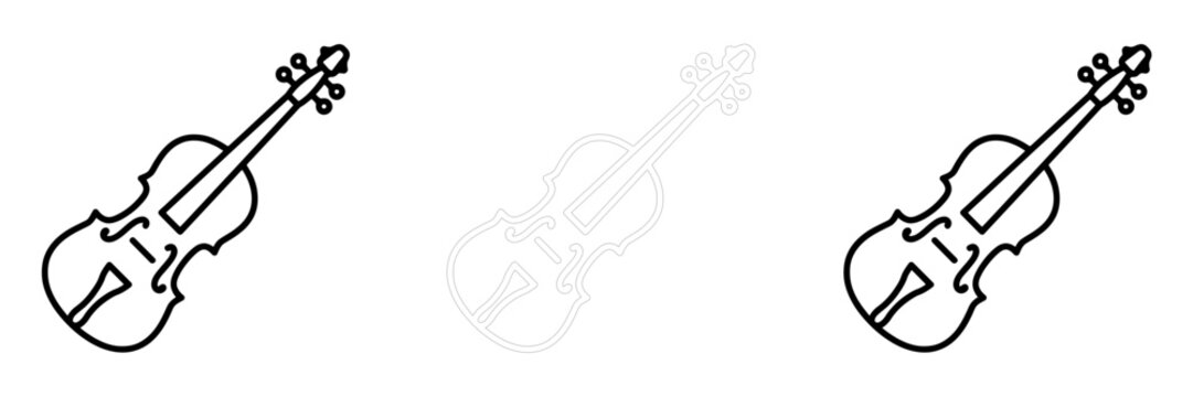 Three stylized violin outline illustrations arranged in a row on a plain white background