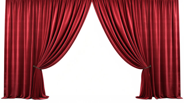 Classic luxury dark red velvet theater curtains open stage drapery isolated on transparent background
