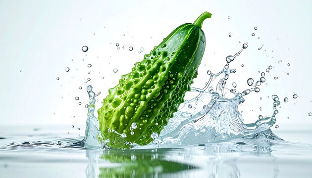 Fresh Green Bitter Melon Floating with Crystal Water Splash Isolated on White Background Healthy Organic Vegetable Concept