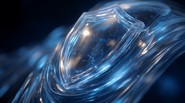 Abstract transparent glass structure with glowing particles, symbolizing artificial intelligence, cybersecurity, digital data, cloud computing and advanced technology in a futuristic blue environment