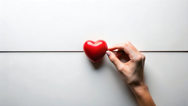 A hand holding a small red heart shape on a white wooden background representing love and care
