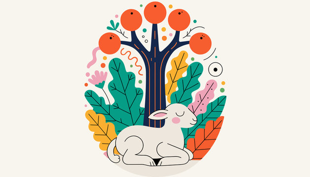 Peaceful Lamb Rests Under Fruit Tree Surrounded by Vibrant Foliage, Spring Illustration