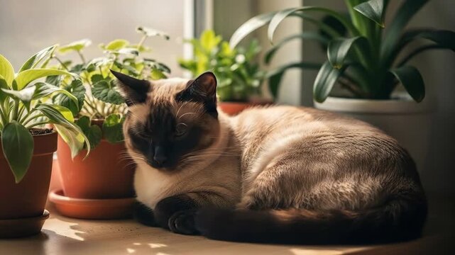 A beautiful Siamese cat relaxing by a sunlit window, surrounded by green potted plants.