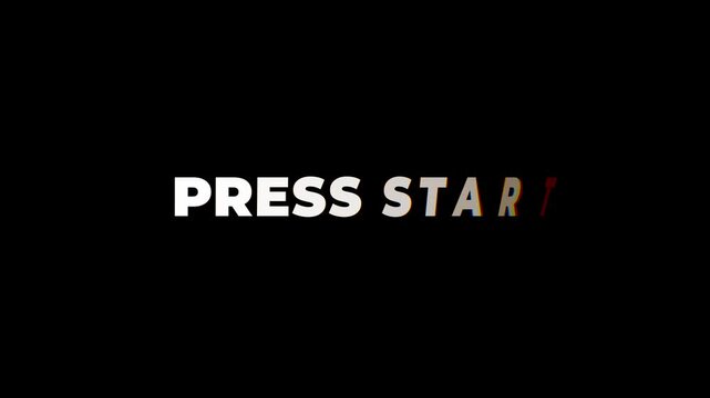 PRESS START glitch text animation. PRESS START Glitch text distortion effect. PRESS START text animation.