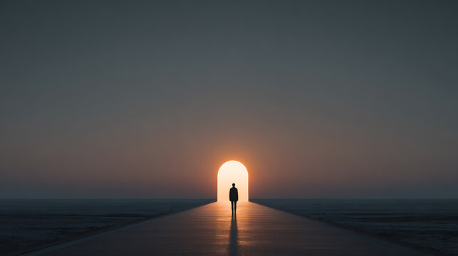 Silhouette walking toward a glowing doorway on a dark path, representing mental health, hope, healing, emotional recovery, personal growth, inner transformation, and a positive future