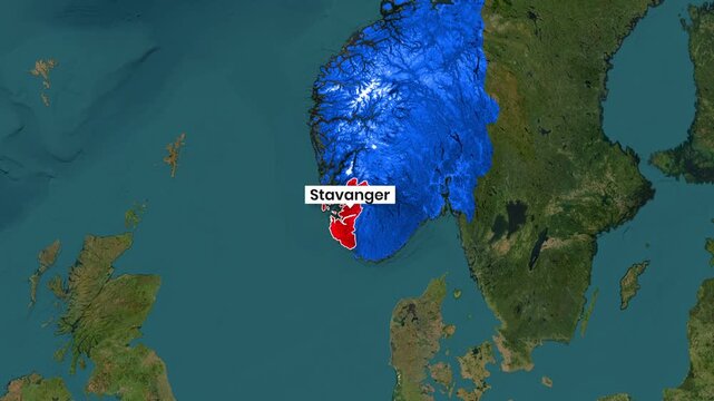 Animated Map Zoom to Norway Highlighting Stavanger Coastal City