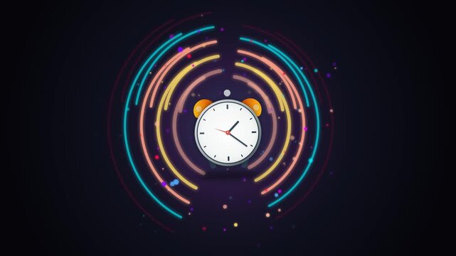 Animated alarm clock shaking and vibrating with a sense of urgency, time pressure, deadline, reminder, and waking up. Clean motion graphic suitable for business presentations, productivity concepts.
