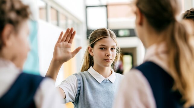 Schoolgirl raises her hand in a stop gesture while facing other students in a hallway, representing resistance to peer bullying, personal boundaries and child protection at school