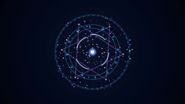 A seamless animated motion graphic featuring a mysterious rotating magic circle with glowing arcane symbols, mystical energy, and fantasy magical effects. Perfect for fantasy backgrounds.