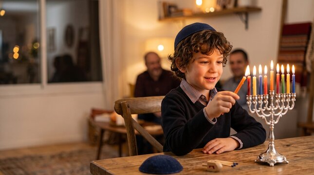 Young Jewish boy lighting candles on menorah during Hanukkah celebration  