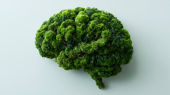 Green brain made of lush foliage, representing mental health, natural wellbeing, mindfulness, emotional balance, cognitive wellness, healing, growth, healthy thoughts, restoration, and inner harmony