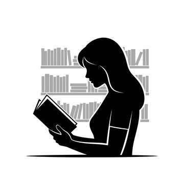 Silhouette of a woman reading a book in a library.