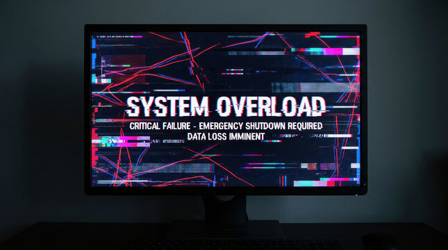 System overload warning computer screen with critical failure message indicating emergency shutdown and data loss imminent alert for workforce