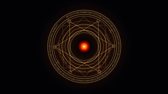 A seamless animated motion graphic featuring a mysterious rotating magic circle with glowing arcane symbols, mystical energy, and fantasy magical effects. Perfect for fantasy backgrounds.