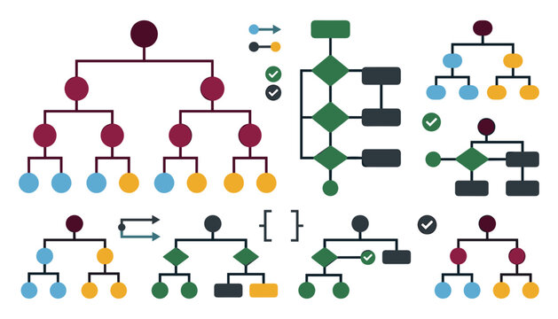 Data Structure and Algorithmic Flowchart Icon Set with Binary Trees Decision Trees Logic Diagrams Hierarchy Charts and Software Code Brackets Vector Graphic