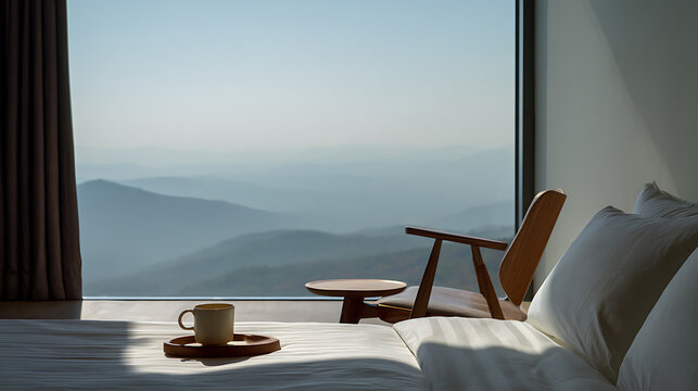 Peaceful bedroom overlooking misty mountains, symbolizing mental health, mindfulness, relaxation and emotional wellbeing, with warm sunlight, comfortable surroundings and a calm atmosphere