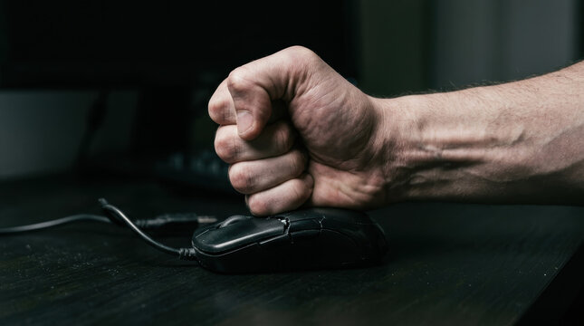 Frustrated workforce mental health concept with clenched fist breaking computer mouse on dark desk expressing stress
